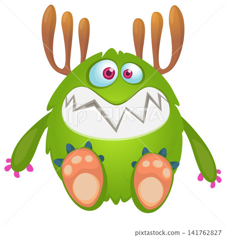 Cartoon cute and funny monster creature character design with scary horns and face expression waving hands . Vector illustration. For Halloween party decoration or package design Cartoon cute and funny monster creature character design with scary horns and face expression waving hands . Vector illustration. For Halloween party decoration or package design 141762827