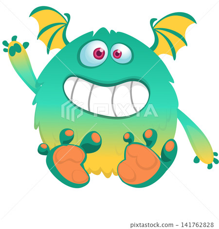 Cartoon cute and funny monster creature character design with scary horns and face expression waving hands . Vector illustration. For Halloween party decoration or package design Cartoon cute and funny monster creature character design with scary horns and face expression waving hands . Vector illustration. For Halloween party decoration or package design 141762828