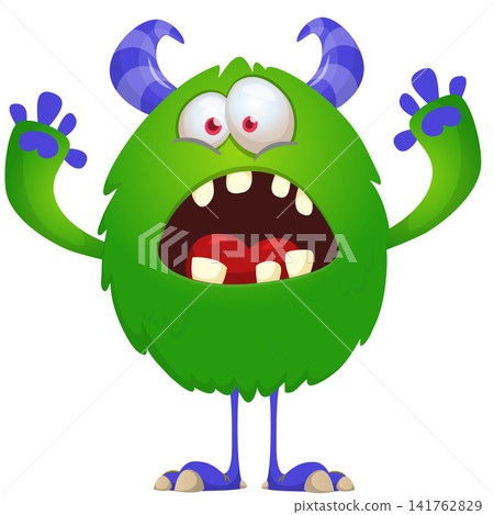 Cartoon cute and funny monster creature character design with scary horns and face expression waving hands . Vector illustration. For Halloween party decoration or package design Cartoon cute and funny monster creature character design with scary horns and face expression waving hands . Vector illustration. For Halloween party decoration or package design 141762829