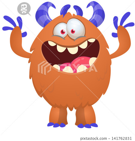 Cartoon cute and funny monster creature character design with scary horns and face expression waving hands . Vector illustration. For Halloween party decoration or package design Cartoon cute and funny monster creature character design with scary horns and face expression waving hands . Vector illustration. For Halloween party decoration or package design 141762831