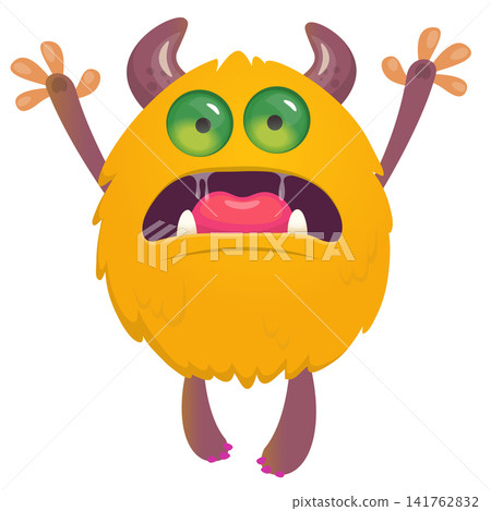 Cartoon cute and funny monster creature character design with scary horns and face expression waving hands . Vector illustration. For Halloween party decoration or package design Cartoon cute and funny monster creature character design with scary horns and face expression waving hands . Vector illustration. For Halloween party decoration or package design 141762832