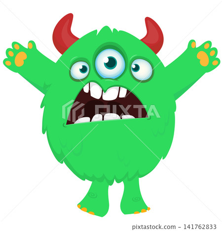 Cartoon cute and funny monster creature character design with scary horns and face expression waving hands . Vector illustration. For Halloween party decoration or package design Cartoon cute and funny monster creature character design with scary horns and face expression waving hands . Vector illustration. For Halloween party decoration or package design 141762833