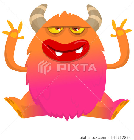 Cartoon cute and funny monster creature character design with scary horns and face expression waving hands . Vector illustration. For Halloween party decoration or package design Cartoon cute and funny monster creature character design with scary horns and face expression waving hands . Vector illustration. For Halloween party decoration or package design 141762834