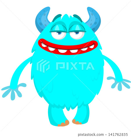 Cartoon cute and funny monster creature character design with scary horns and face expression waving hands . Vector illustration. For Halloween party decoration or package design Cartoon cute and funny monster creature character design with scary horns and face expression waving hands . Vector illustration. For Halloween party decoration or package design 141762835