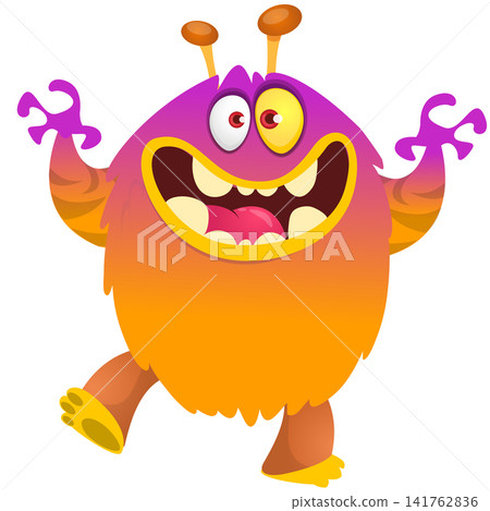 Cartoon cute and funny monster creature character design with scary horns and face expression waving hands . Vector illustration. For Halloween party decoration or package design Cartoon cute and funny monster creature character design with scary horns and face expression waving hands . Vector illustration. For Halloween party decoration or package design 141762836