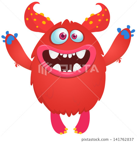 Cartoon cute and funny monster creature character design with scary horns and face expression waving hands . Vector illustration. For Halloween party decoration or package design Cartoon cute and funny monster creature character design with scary horns and face expression waving hands . Vector illustration. For Halloween party decoration or package design 141762837