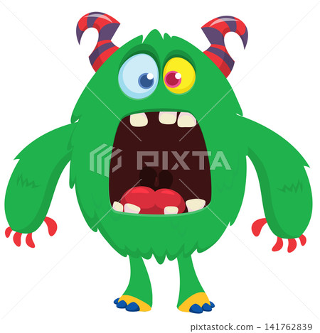 Cartoon cute and funny monster creature character design with scary horns and face expression waving hands . Vector illustration. For Halloween party decoration or package design Cartoon cute and funny monster creature character design with scary horns and face expression waving hands . Vector illustration. For Halloween party decoration or package design 141762839