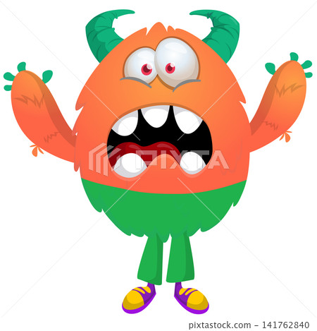 Cartoon cute and funny monster creature character design with scary horns and face expression waving hands . Vector illustration. For Halloween party decoration or package design Cartoon cute and funny monster creature character design with scary horns and face expression waving hands . Vector illustration. For Halloween party decoration or package design 141762840