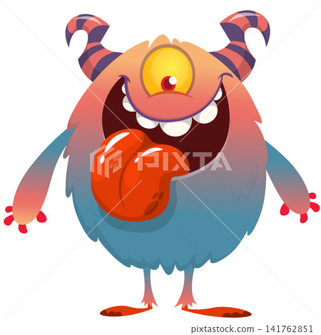 Cartoon cute and funny monster creature character design with scary horns and face expression waving hands . Vector illustration. For Halloween party decoration or package design Cartoon cute and funny monster creature character design with scary horns and face expression waving hands . Vector illustration. For Halloween party decoration or package design 141762851
