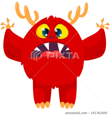 Cartoon cute and funny monster with scary face expression waving hands. Vector illustration isolated on white. For Halloween party decoration or package design Cartoon cute and funny monster with scary face expression waving hands. Vector illustration isolated on white. For Halloween party decoration or package design 141762895