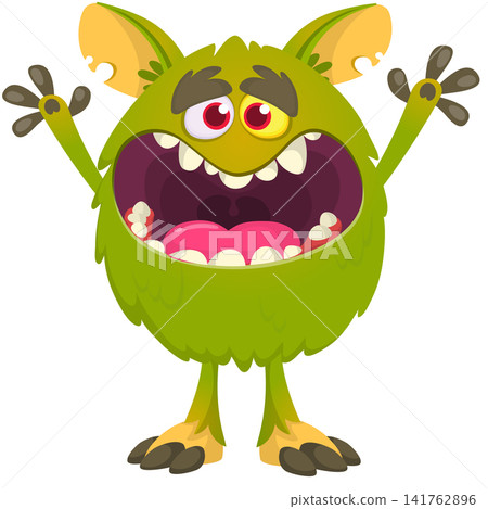 Cartoon cute and funny monster with scary face expression waving hands. Vector illustration isolated on white. For Halloween party decoration or package design Cartoon cute and funny monster with scary face expression waving hands. Vector illustration isolated on white. For Halloween party decoration or package design 141762896