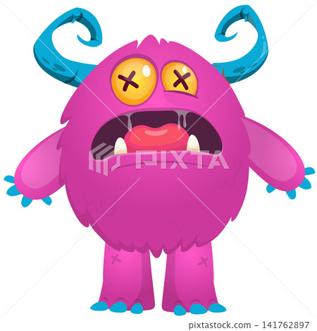 Cartoon cute and funny monster with scary face expression waving hands. Vector illustration isolated on white. For Halloween party decoration or package design Cartoon cute and funny monster with scary face expression waving hands. Vector illustration isolated on white. For Halloween party decoration or package design 141762897