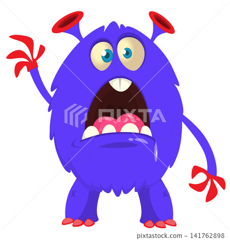 Cartoon cute and funny monster with scary face expression waving hands. Vector illustration isolated on white. For Halloween party decoration or package design Cartoon cute and funny monster with scary face expression waving hands. Vector illustration isolated on white. For Halloween party decoration or package design 141762898