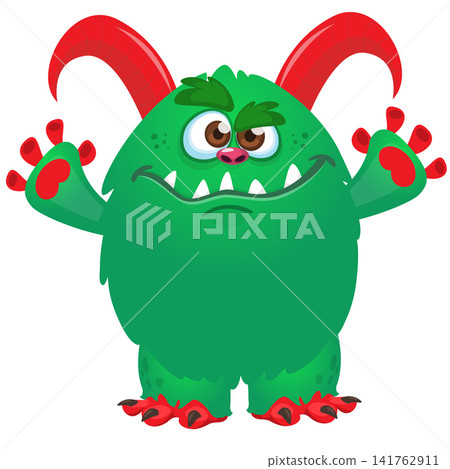 Cartoon cute and funny monster with scary face expression waving hands. Vector illustration isolated on white. For Halloween party decoration or package design Cartoon cute and funny monster with scary face expression waving hands. Vector illustration isolated on white. For Halloween party decoration or package design 141762911