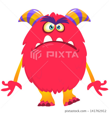 Cartoon cute and funny monster with scary face expression waving hands. Vector illustration isolated on white. For Halloween party decoration or package design 141762912