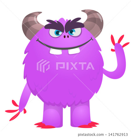 Cartoon cute and funny monster with scary face expression waving hands. Vector illustration isolated on white. For Halloween party decoration or package design Cartoon cute and funny monster with scary face expression waving hands. Vector illustration isolated on white. For Halloween party decoration or package design 141762913