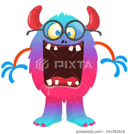 Cartoon cute and funny monster with scary face expression waving hands. Vector illustration isolated on white. For Halloween party decoration or package design Cartoon cute and funny monster with scary face expression waving hands. Vector illustration isolated on white. For Halloween party decoration or package design 141762916