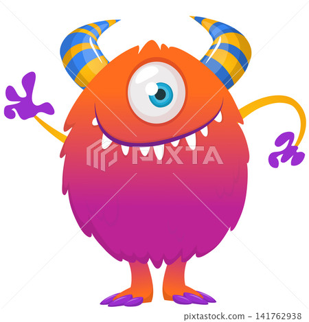 Cartoon cute and funny monster with scary face expression waving hands. Vector illustration isolated on white. For Halloween party decoration or package design Cartoon cute and funny monster with scary face expression waving hands. Vector illustration isolated on white. For Halloween party decoration or package design 141762938