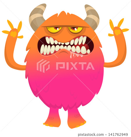 Cartoon cute and funny monster with scary face expression waving hands. Vector illustration isolated on white. For Halloween party decoration or package design Cartoon cute and funny monster with scary face expression waving hands. Vector illustration isolated on white. For Halloween party decoration or package design 141762949