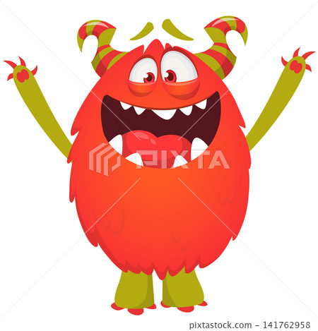 Cartoon cute and funny monster with scary face expression waving hands. Vector illustration isolated on white. For Halloween party decoration or package design Cartoon cute and funny monster with scary face expression waving hands. Vector illustration isolated on white. For Halloween party decoration or package design 141762958