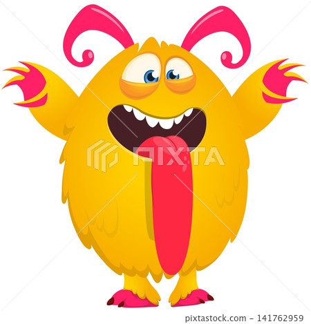 Cartoon cute and funny monster with scary face expression waving hands. Vector illustration isolated on white. For Halloween party decoration or package design Cartoon cute and funny monster with scary face expression waving hands. Vector illustration isolated on white. For Halloween party decoration or package design 141762959
