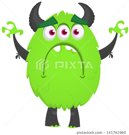 Cartoon cute and funny monster with scary face expression waving hands. Vector illustration isolated on white. For Halloween party decoration or package design Cartoon cute and funny monster with scary face expression waving hands. Vector illustration isolated on white. For Halloween party decoration or package design 141762960