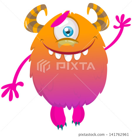 Cartoon cute and funny monster with scary face expression waving hands. Vector illustration isolated on white. For Halloween party decoration or package design Cartoon cute and funny monster with scary face expression waving hands. Vector illustration isolated on white. For Halloween party decoration or package design 141762961