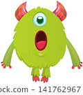 Cartoon cute and funny monster with scary face expression waving hands. Vector illustration isolated on white. For Halloween party decoration or package design 141762967