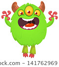 Cartoon cute and funny monster with scary face expression waving hands. Vector illustration isolated on white. For Halloween party decoration or package design 141762969