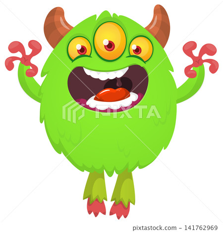 Cartoon cute and funny monster with scary face expression waving hands. Vector illustration isolated on white. For Halloween party decoration or package design Cartoon cute and funny monster with scary face expression waving hands. Vector illustration isolated on white. For Halloween party decoration or package design 141762969