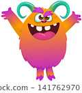 Cartoon cute and funny monster with scary face expression waving hands. Vector illustration isolated on white. For Halloween party decoration or package design 141762970