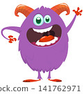 Cartoon cute and funny monster with scary face expression waving hands. Vector illustration isolated on white. For Halloween party decoration or package design 141762971