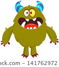 Cartoon cute and funny monster with scary face expression waving hands. Vector illustration isolated on white. For Halloween party decoration or package design 141762972