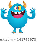 Cartoon cute and funny monster with scary face expression waving hands. Vector illustration isolated on white. For Halloween party decoration or package design 141762973
