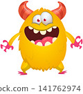 Cartoon cute and funny monster with scary face expression waving hands. Vector illustration isolated on white. For Halloween party decoration or package design 141762974