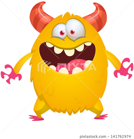 Cartoon cute and funny monster with scary face expression waving hands. Vector illustration isolated on white. For Halloween party decoration or package design Cartoon cute and funny monster with scary face expression waving hands. Vector illustration isolated on white. For Halloween party decoration or package design 141762974