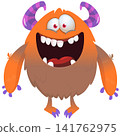 Cartoon cute and funny monster with scary face expression waving hands. Vector illustration isolated on white. For Halloween party decoration or package design 141762975