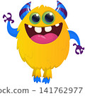 Cartoon cute and funny monster with scary face expression waving hands. Vector illustration isolated on white. For Halloween party decoration or package design 141762977