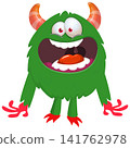 Cartoon cute and funny monster with scary face expression waving hands. Vector illustration isolated on white. For Halloween party decoration or package design 141762978