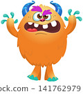 Cartoon cute and funny monster with scary face expression waving hands. Vector illustration isolated on white. For Halloween party decoration or package design 141762979