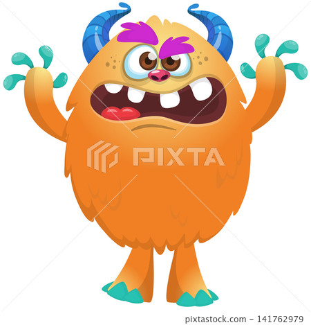 Cartoon cute and funny monster with scary face expression waving hands. Vector illustration isolated on white. For Halloween party decoration or package design Cartoon cute and funny monster with scary face expression waving hands. Vector illustration isolated on white. For Halloween party decoration or package design 141762979