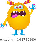 Cartoon cute and funny monster with scary face expression waving hands. Vector illustration isolated on white. For Halloween party decoration or package design 141762980