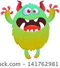 Cartoon cute and funny monster with scary face expression waving hands. Vector illustration isolated on white. For Halloween party decoration or package design 141762981