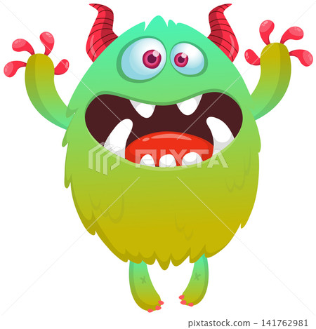 Cartoon cute and funny monster with scary face expression waving hands. Vector illustration isolated on white. For Halloween party decoration or package design Cartoon cute and funny monster with scary face expression waving hands. Vector illustration isolated on white. For Halloween party decoration or package design 141762981