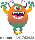 Cartoon cute and funny monster with scary face expression waving hands. Vector illustration isolated on white. For Halloween party decoration or package design 141762982