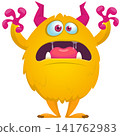 Cartoon cute and funny monster with scary face expression waving hands. Vector illustration isolated on white. For Halloween party decoration or package design 141762983