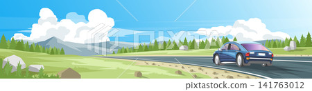 Traveling of blue car driving along a scenic coastal asphalt road highway through green hills. Pine green forest and Mountains under a bright blue sky with white clouds. For banner background. Traveling of blue car driving along a scenic coastal asphalt road highway through green hills. Pine green forest and Mountains under a bright blue sky with white clouds. For banner background. 141763012