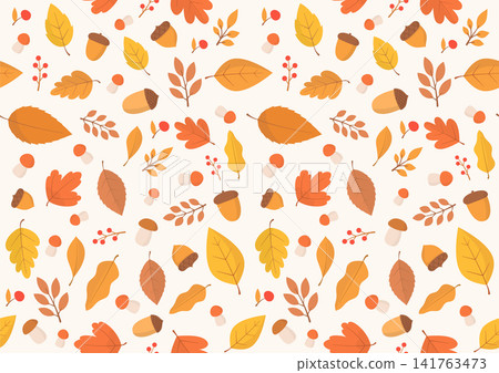 Seamless Autumn Leaves and Forest Elements Pattern 141763473