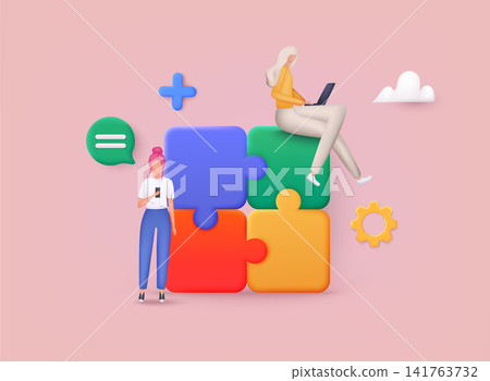 Business concept. Team metaphor. people connecting puzzle elements. App icon. 3D Web Vector Illustrations. Business concept. Team metaphor. people connecting puzzle elements. App icon. 3D Web Vector Illustrations. 141763732