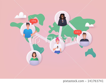 Social contacts of people connected by nodes and lines. Global communication network. Social media communication systems and technologies. 3D Web Vector Illustrations. Social contacts of people connected by nodes and lines. Global communication network. Social media communication systems and technologies. 3D Web Vector Illustrations. 141763741